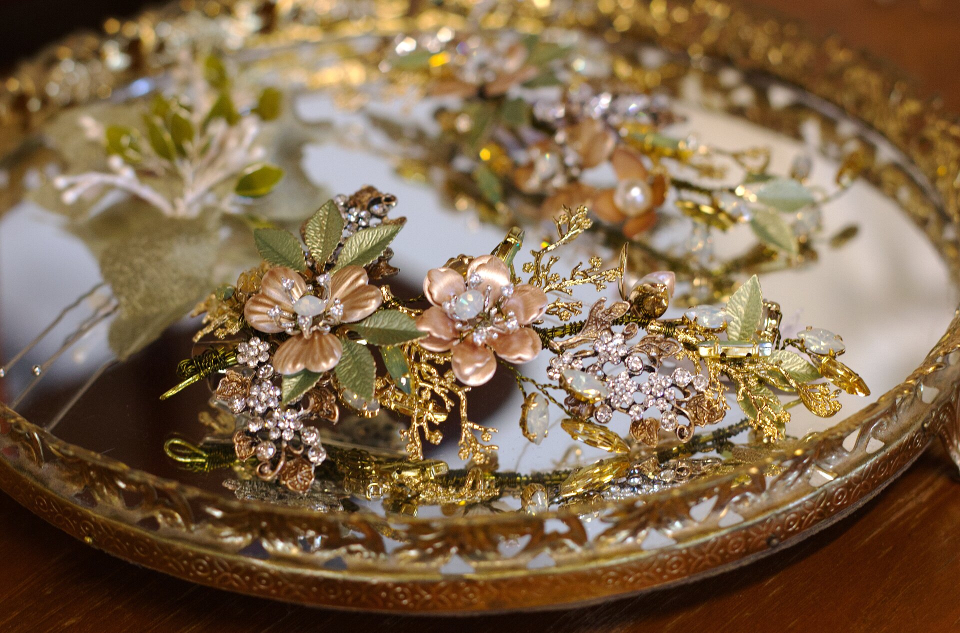 A tray of wedding headpieces.